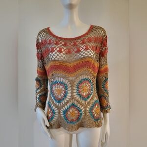 Jendo Crochet Multi Color Long Sleeve Top 100% Cotton Size L.